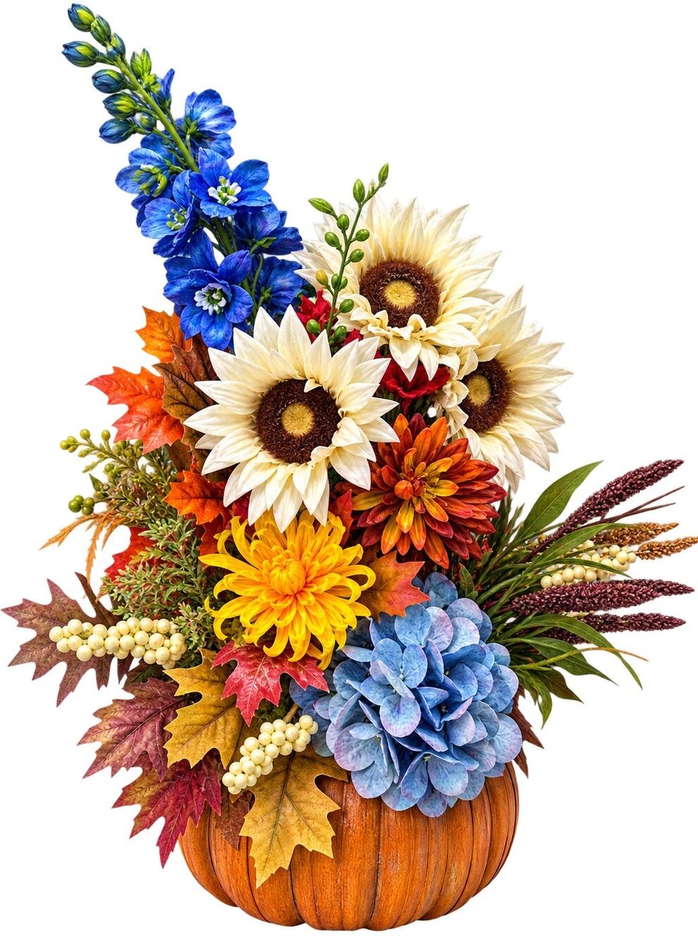 Handmade Fall Pumpkin Floral Arrangement Sunflowers Hydrangea Autumn Centerpiece
